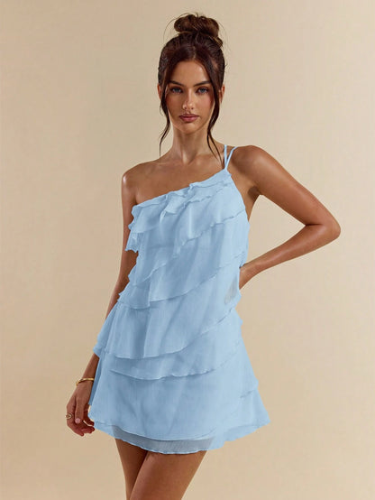 BAE Cute Baby Blue Summer Mini Dress,Layered Lotus Leaf Cake Design,Backless,Suitable For Date,Night Out,Parties,Cocktail,Music Festival & Valentine's Day