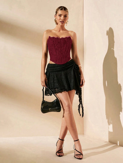BAE Elegant Burgundy Summer Lace Corset Top,Seductive Solid Bra Top For Night Out,Parties,Nightclubs,Cocktail,Pool,Beach Vacation,Daily Clothing