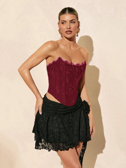 BAE Elegant Burgundy Summer Lace Corset Top,Seductive Solid Bra Top For Night Out,Parties,Nightclubs,Cocktail,Pool,Beach Vacation,Daily Clothing