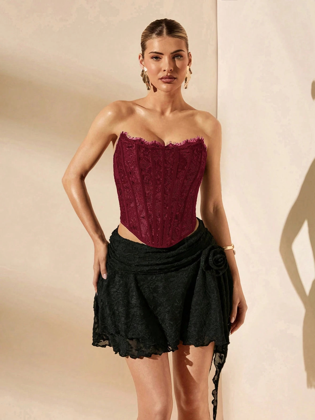 BAE Elegant Burgundy Summer Lace Corset Top,Seductive Solid Bra Top For Night Out,Parties,Nightclubs,Cocktail,Pool,Beach Vacation,Daily Clothing