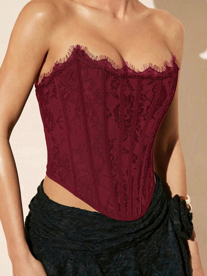 BAE Elegant Burgundy Summer Lace Corset Top,Seductive Solid Bra Top For Night Out,Parties,Nightclubs,Cocktail,Pool,Beach Vacation,Daily Clothing