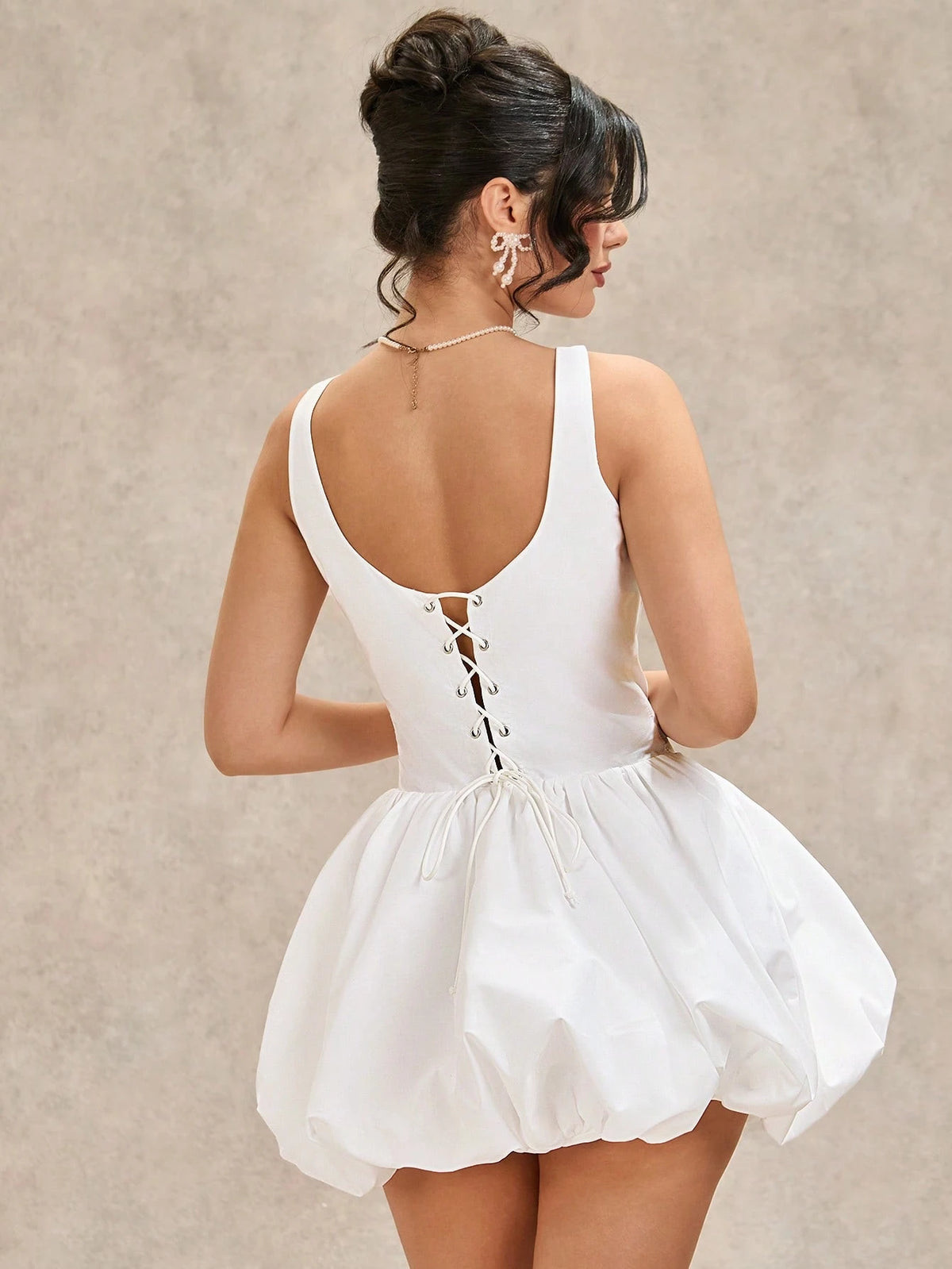 BAE Elegant White Summer Holiday Mini Dress Women,Sleeveless Backless Bubble Skirt Birthday Dress, Cross Strap Graduation Bridal Shower Party Outfit