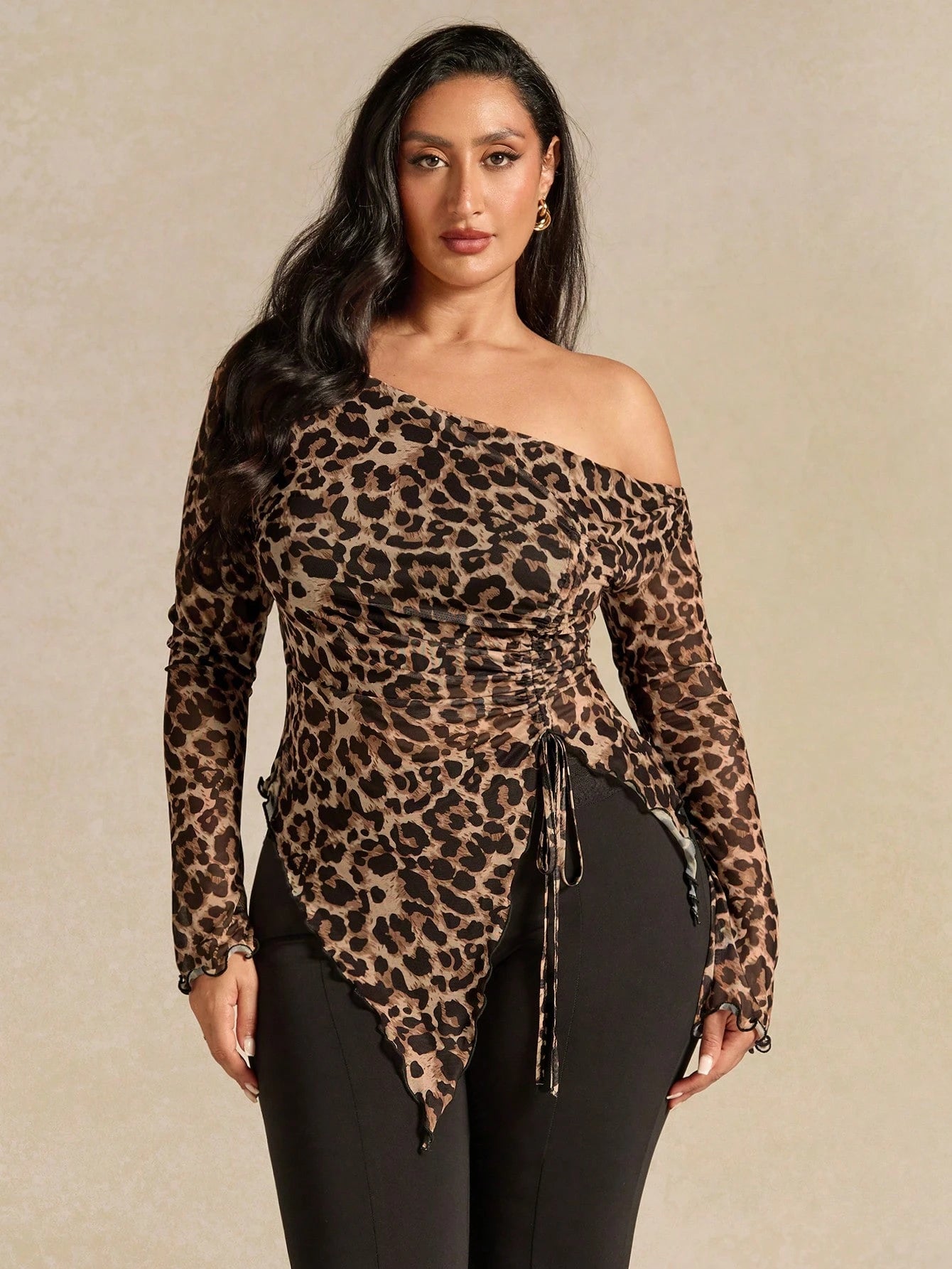 BAE Plus Size Women Leopard Print Mesh Bow Asymmetric T-Shirt, Tie Dye, Autumn, Night Club, Rave, Elegant 70's Sexy Summer Holiday Party Winter Top Brown