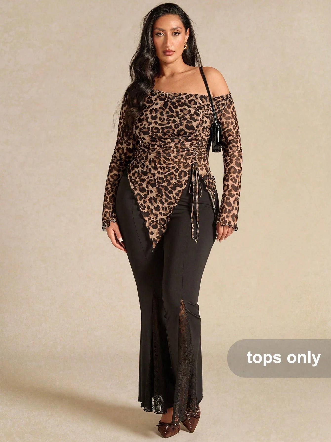 BAE Plus Size Women Leopard Print Mesh Bow Asymmetric T-Shirt, Tie Dye, Autumn, Night Club, Rave, Elegant 70's Sexy Summer Holiday Party Winter Top Brown