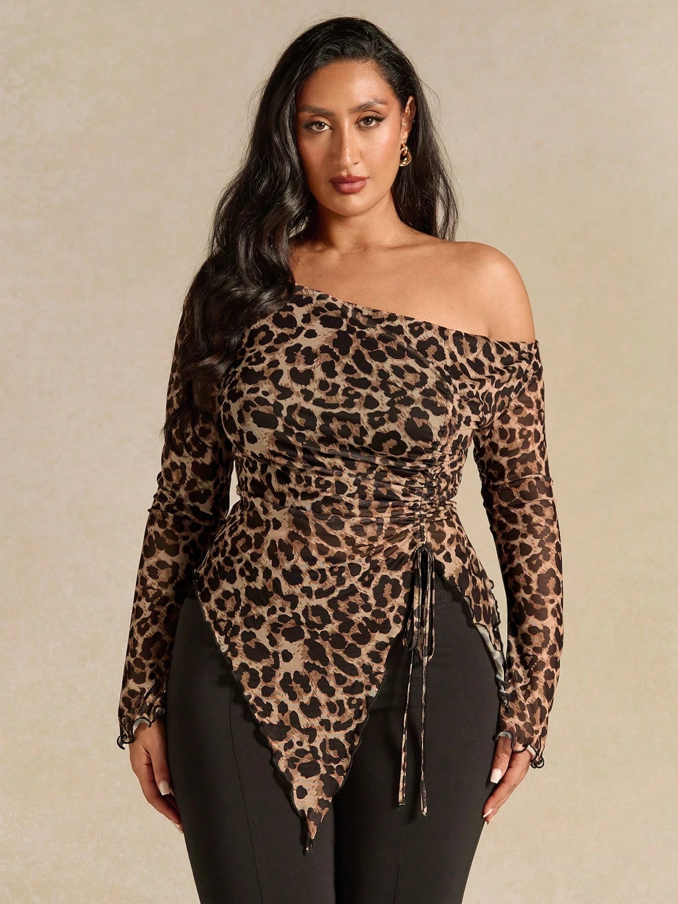 BAE Plus Size Women Leopard Print Mesh Bow Asymmetric T-Shirt, Tie Dye, Autumn, Night Club, Rave, Elegant 70's Sexy Summer Holiday Party Winter Top Brown