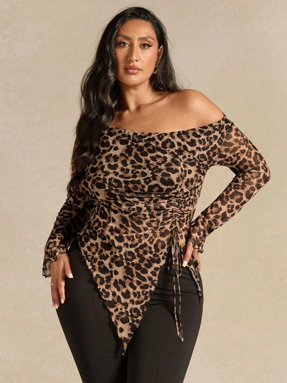 BAE Plus Size Women Leopard Print Mesh Bow Asymmetric T-Shirt, Tie Dye, Autumn, Night Club, Rave, Elegant 70's Sexy Summer Holiday Party Winter Top Brown