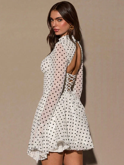 BAE Polka Dot Print Slit Collar Elegant Long Sleeve Mini Dress
