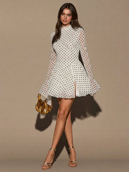 BAE Polka Dot Print Slit Collar Elegant Long Sleeve Mini Dress