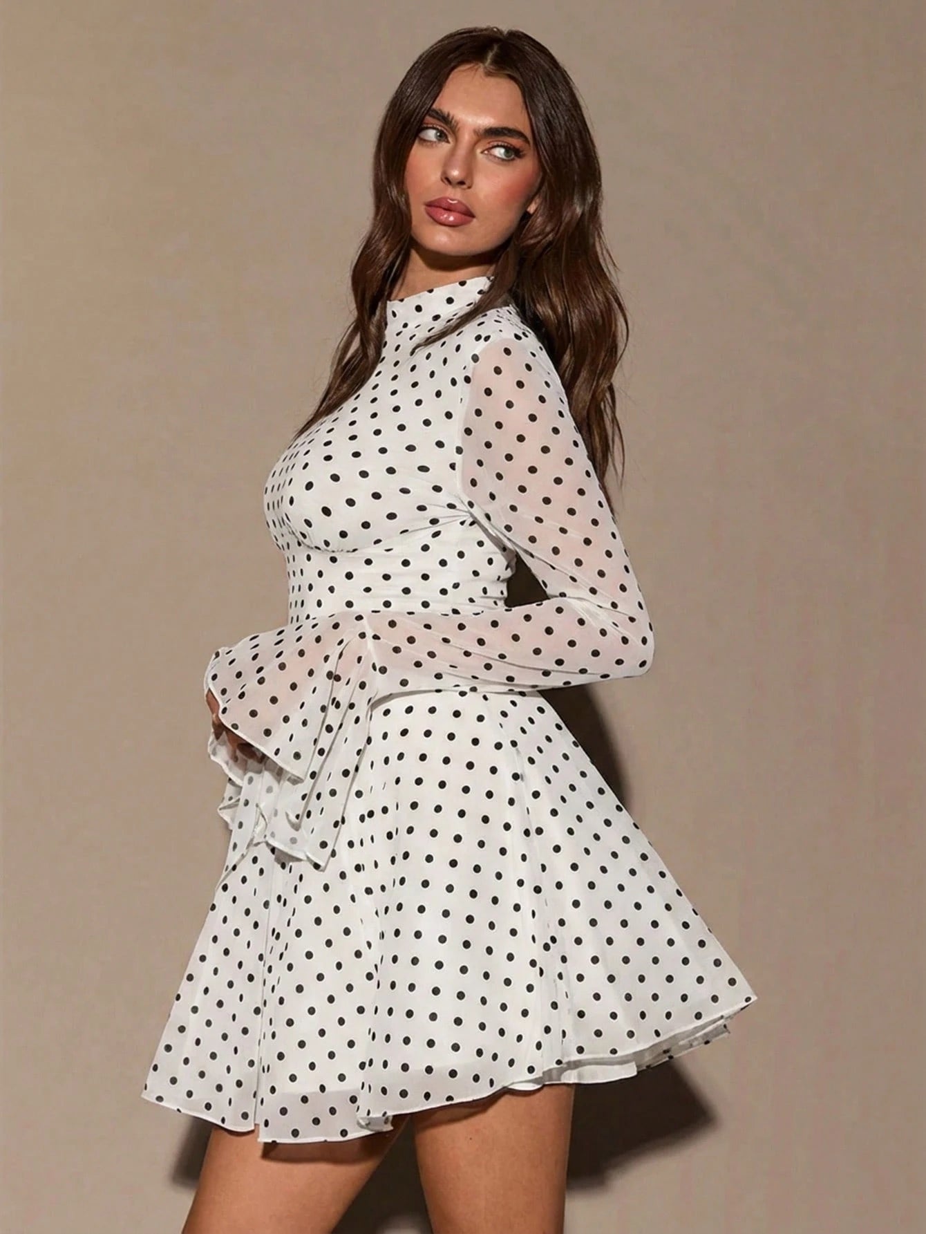 BAE Polka Dot Print Slit Collar Elegant Long Sleeve Mini Dress