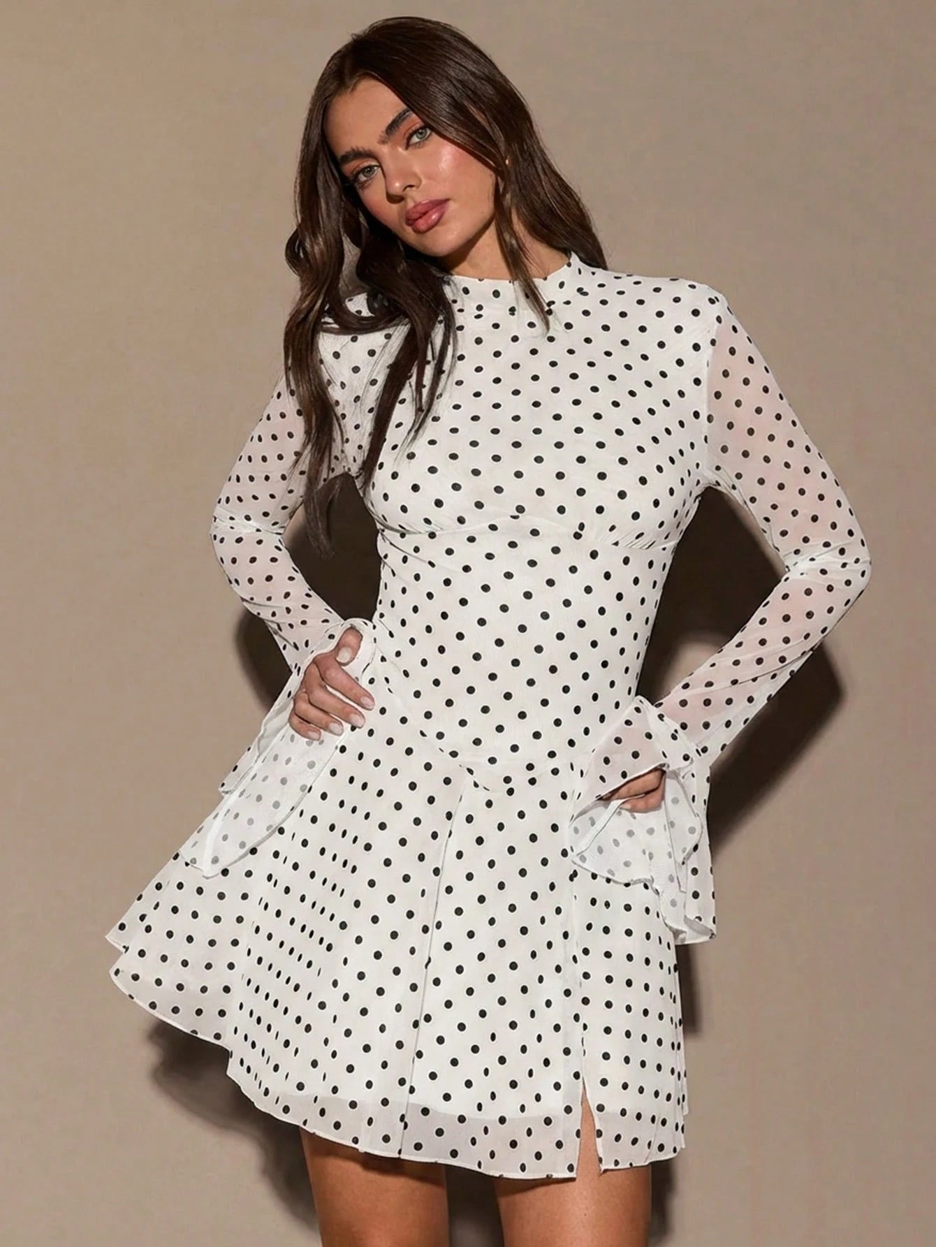 BAE Polka Dot Print Slit Collar Elegant Long Sleeve Mini Dress
