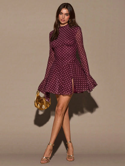BAE Polka Dot Print Slit Collar Elegant Long Sleeve Mini Dress