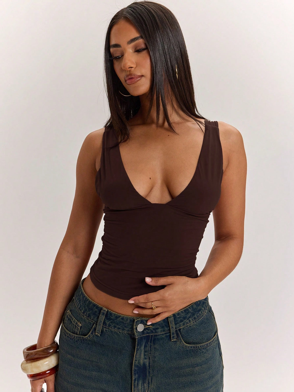 BAE Solid Color V-Neck Fitted Women's Tank Top, Versatile All-Match Style, Wardrobe Essential, Suitable For Office Night Out Club Night, Summer Sexy