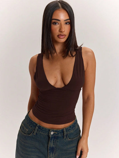 BAE Solid Color V-Neck Fitted Women's Tank Top, Versatile All-Match Style, Wardrobe Essential, Suitable For Office Night Out Club Night, Summer Sexy