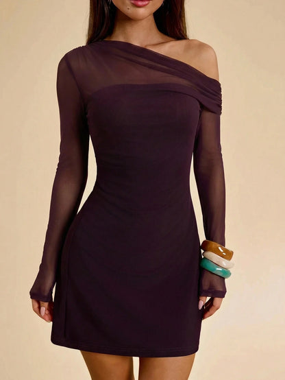 BAE Spring/Summer Women's Asymmetric Asymmetric Neck Long Sleeve A-Line Mini Dress, Purple Elegant Dress, Wedding Bridesmaid Cocktail Dress, Birthday Party Dress, Back To School Graduation Seaso
