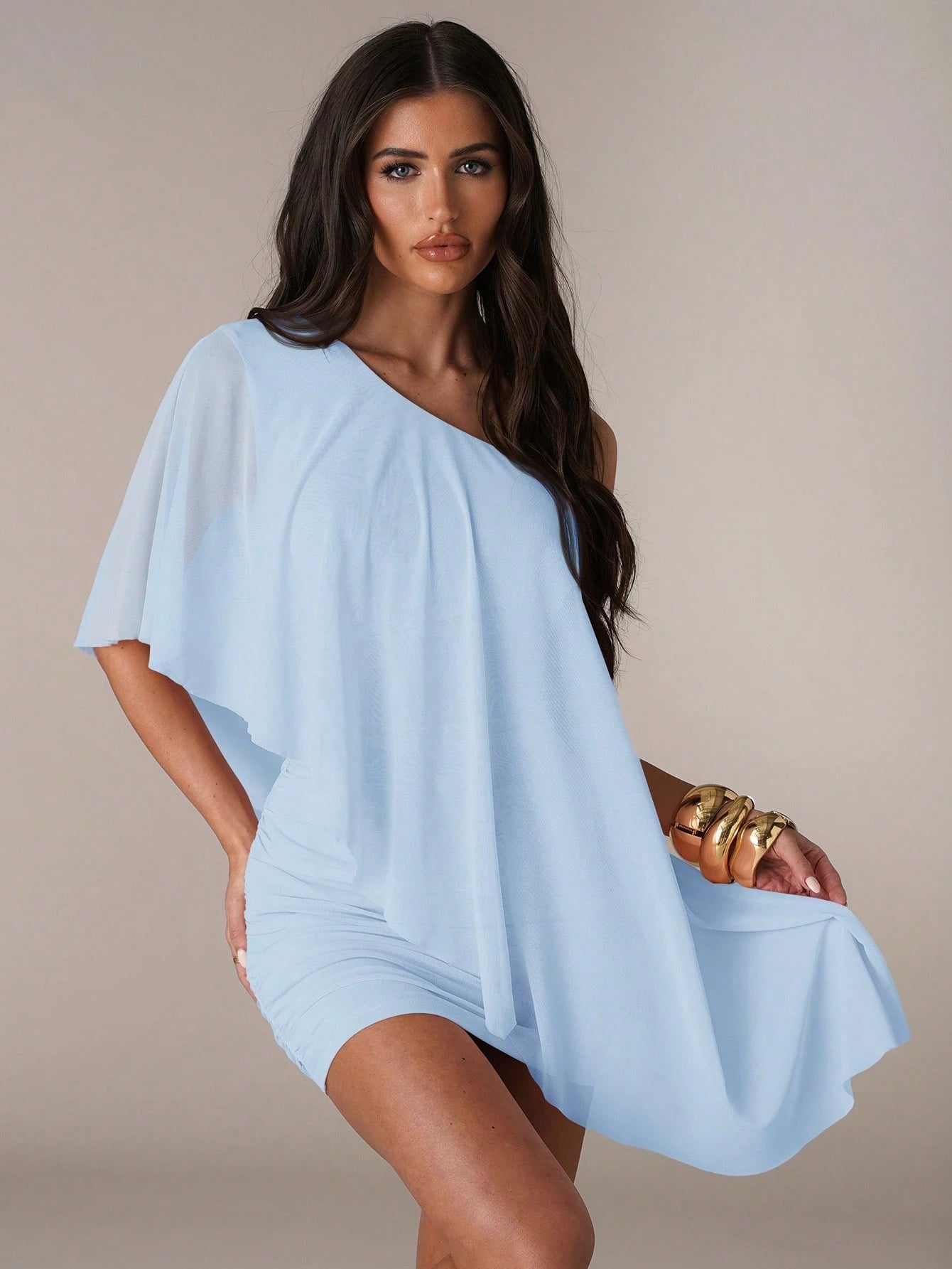 BAE Women's Baby Blue Summer Seductive Elegant Wedding Day Party Night Out Guest Mini Bodycon Dress Asymmetric Neck Ruffle Shawl Matching Ruched Elegant