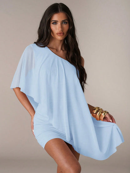BAE Women's Baby Blue Summer Seductive Elegant Wedding Day Party Night Out Guest Mini Bodycon Dress Asymmetric Neck Ruffle Shawl Matching Ruched Elegant