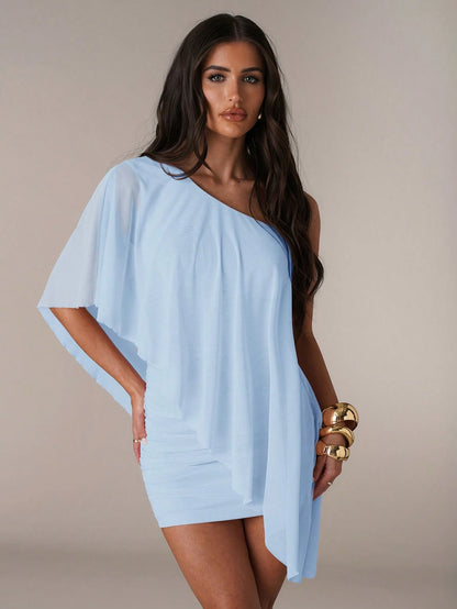 BAE Women's Baby Blue Summer Seductive Elegant Wedding Day Party Night Out Guest Mini Bodycon Dress Asymmetric Neck Ruffle Shawl Matching Ruched Elegant