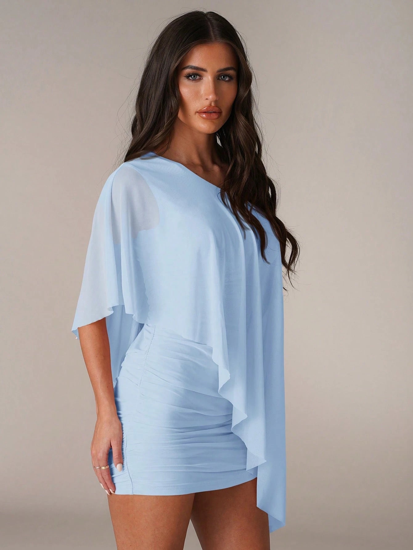 BAE Women's Baby Blue Summer Seductive Elegant Wedding Day Party Night Out Guest Mini Bodycon Dress Asymmetric Neck Ruffle Shawl Matching Ruched Elegant