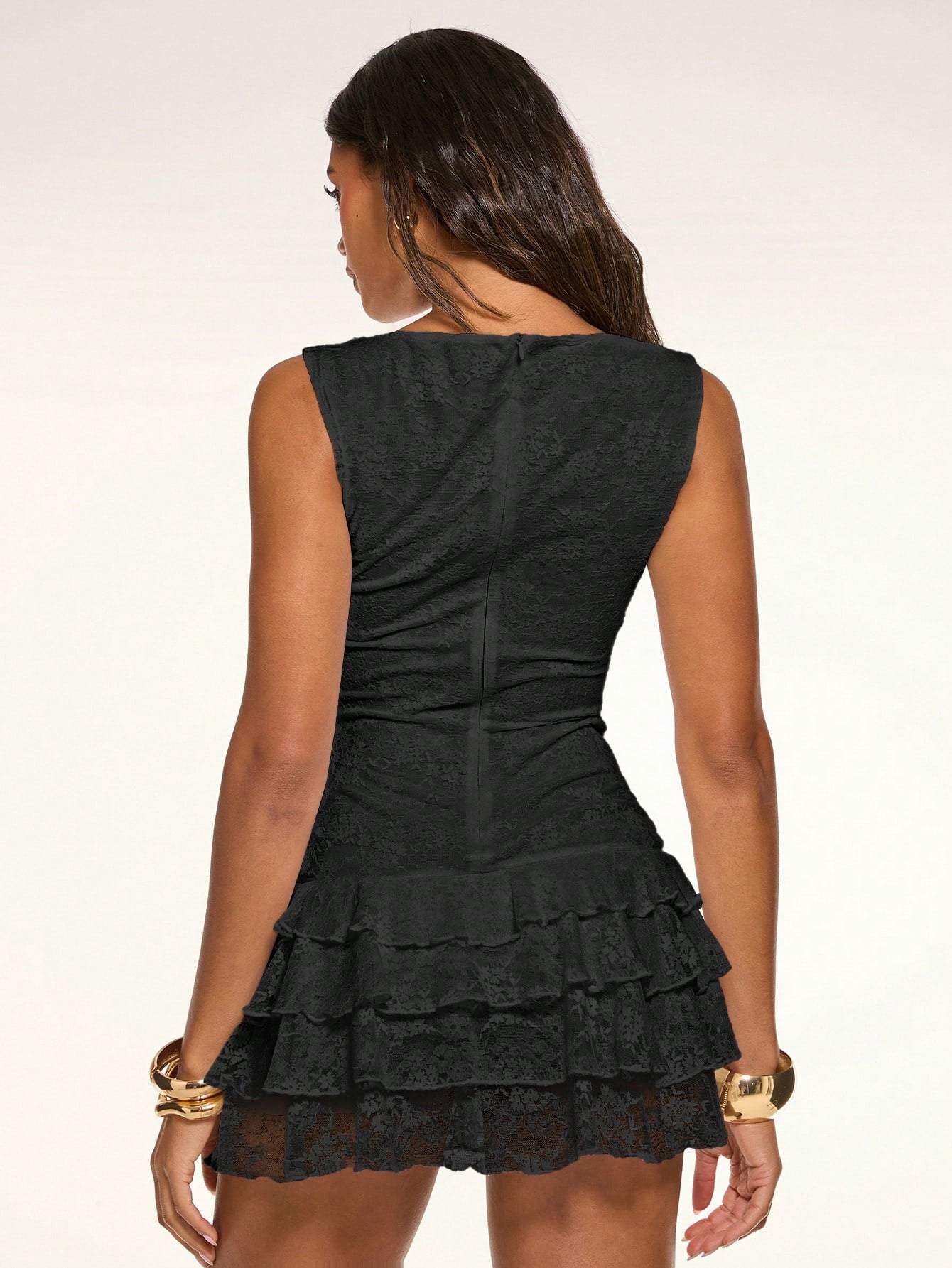 BAE Women's Black Lace Floral Cake Tiered Culottes Sleeveless Ruffled Mini Dress,Boho Summer Country Western Concert Outfit,Elegant Beach Holiday Ibiza