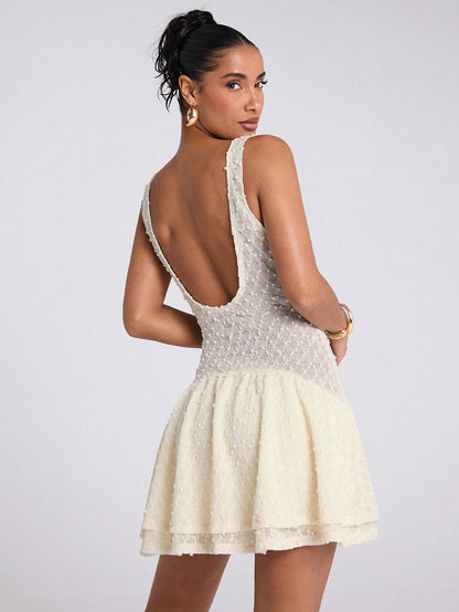 BAE Women's Cream Elegant Romantic Party Summer Crochet Mini Dress,V Neck Sleeveless Ruffle Layered Asymmetric Hem Sun Dress, Graduation Concert Outfit