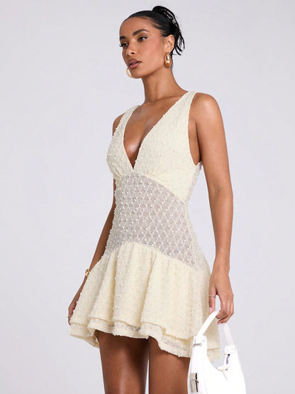 BAE Women's Cream Elegant Romantic Party Summer Crochet Mini Dress,V Neck Sleeveless Ruffle Layered Asymmetric Hem Sun Dress, Graduation Concert Outfit