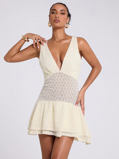 BAE Women's Cream Elegant Romantic Party Summer Crochet Mini Dress,V Neck Sleeveless Ruffle Layered Asymmetric Hem Sun Dress, Graduation Concert Outfit