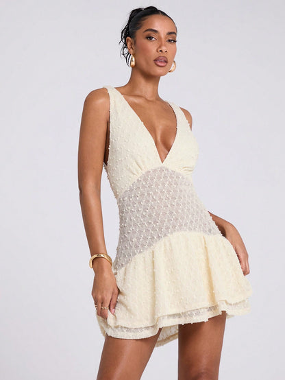 BAE Women's Cream Elegant Romantic Party Summer Crochet Mini Dress,V Neck Sleeveless Ruffle Layered Asymmetric Hem Sun Dress, Graduation Concert Outfit
