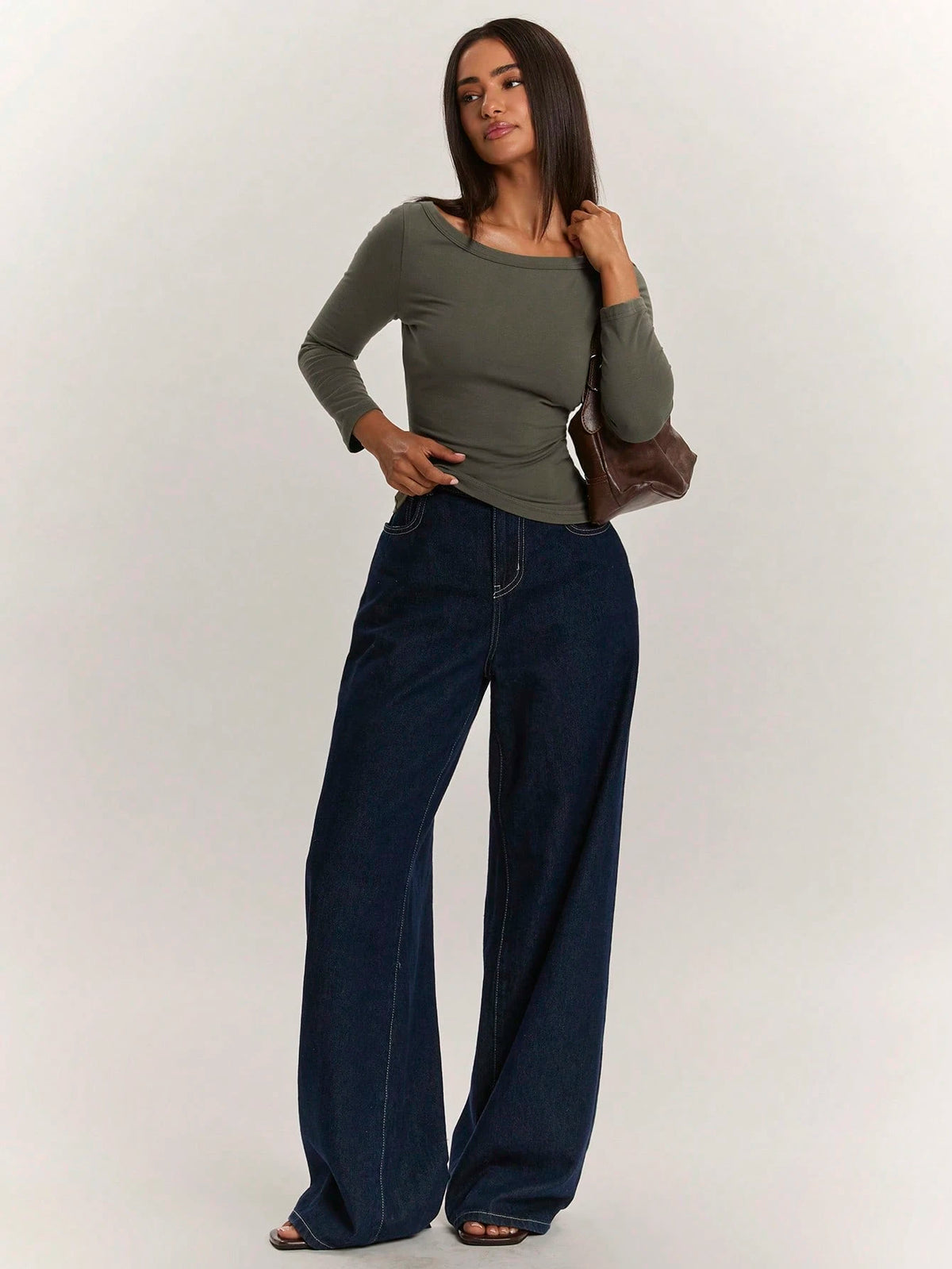 BAE Women's Elegant Casual Daily Olive Green Fitted Boat Neck 3/4 Sleeve Top, Cotton Blend T-Shirt Suitable For Commuting, Office, Autumn, Basic Layering, Outing, Green Top
