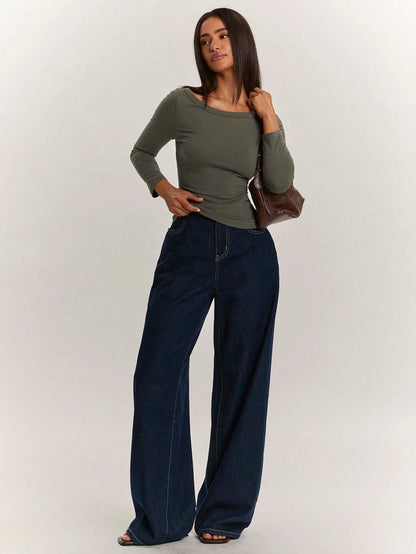 BAE Women's Elegant Casual Daily Olive Green Fitted Boat Neck 3/4 Sleeve Top, Cotton Blend T-Shirt Suitable For Commuting, Office, Autumn, Basic Layering, Outing, Green Top