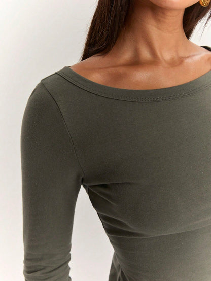 BAE Women's Elegant Casual Daily Olive Green Fitted Boat Neck 3/4 Sleeve Top, Cotton Blend T-Shirt Suitable For Commuting, Office, Autumn, Basic Layering, Outing, Green Top