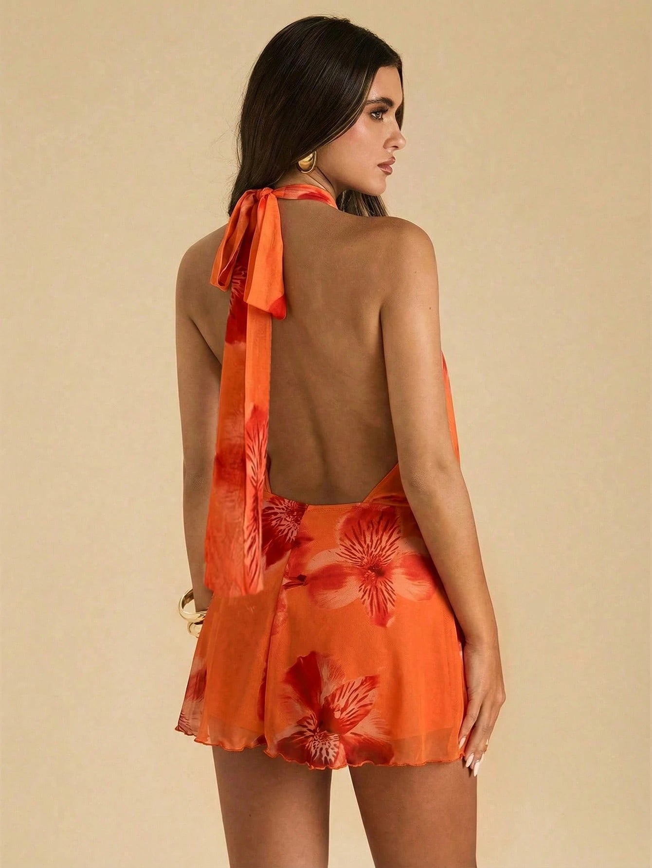BAE Women's Floral Print Ruffle Hem Halter Neck Mini Dress, Vacation Style,Summer Dress,Vacation Dress