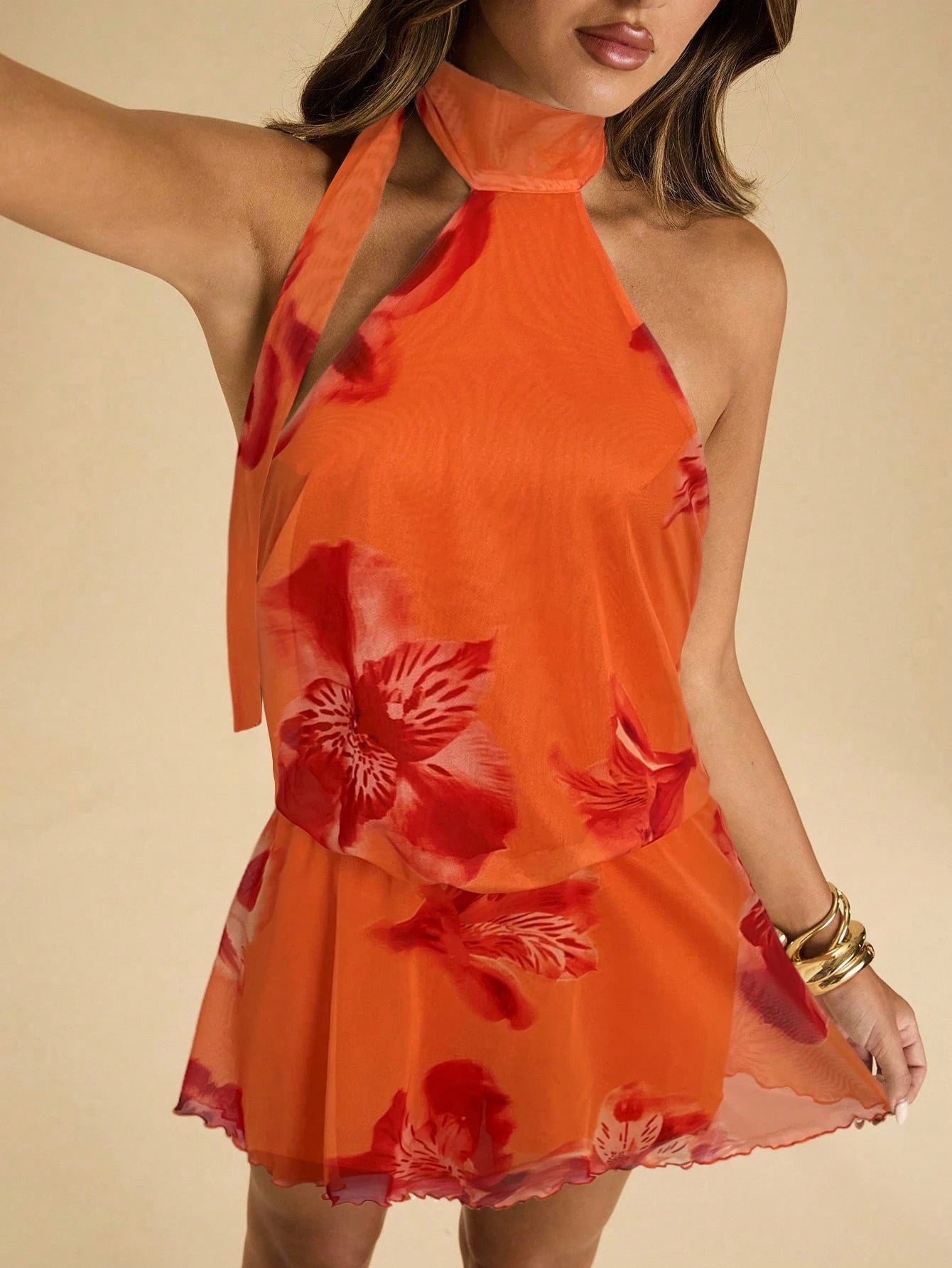 BAE Women's Floral Print Ruffle Hem Halter Neck Mini Dress, Vacation Style,Summer Dress,Vacation Dress