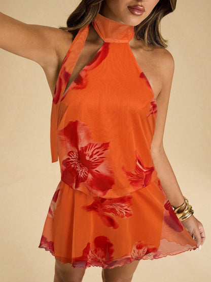 BAE Women's Floral Print Ruffle Hem Halter Neck Mini Dress, Vacation Style,Summer Dress,Vacation Dress