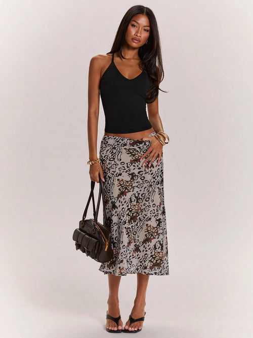 BAE Women's Grey Leopard Print Low-Waist Mid-Length Skirt,Summer Casual Animal Pattern Streetwear For Date,Festival Rave Party Club Y2K Vintage