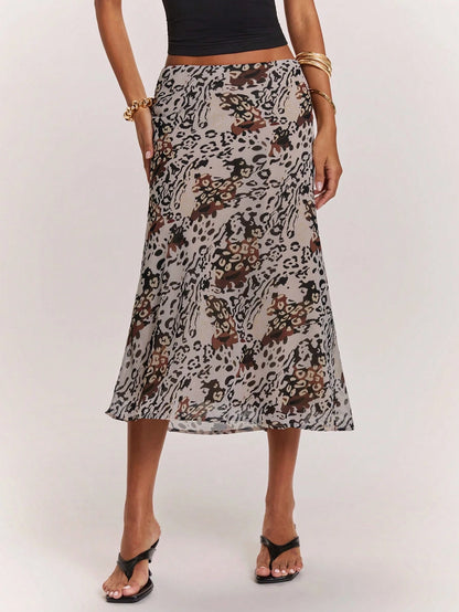 BAE Women's Grey Leopard Print Low-Waist Mid-Length Skirt,Summer Casual Animal Pattern Streetwear For Date,Festival Rave Party Club Y2K Vintage
