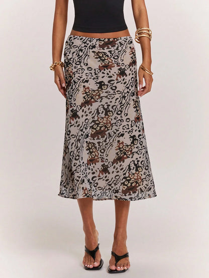 BAE Women's Grey Leopard Print Low-Waist Mid-Length Skirt,Summer Casual Animal Pattern Streetwear For Date,Festival Rave Party Club Y2K Vintage