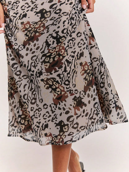BAE Women's Grey Leopard Print Low-Waist Mid-Length Skirt,Summer Casual Animal Pattern Streetwear For Date,Festival Rave Party Club Y2K Vintage