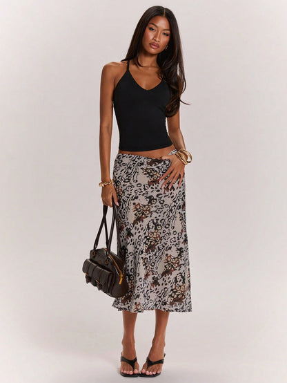 BAE Women's Grey Leopard Print Low-Waist Mid-Length Skirt,Summer Casual Animal Pattern Streetwear For Date,Festival Rave Party Club Y2K Vintage