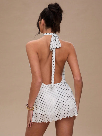 BAE Women's Vacational Polka Dot Printed Fashion Halter Mini Dress,Rave Outfits Festival,Summer Dresses For Women,White Dresses For Women,Polka Dot Dress
