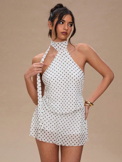 BAE Women's Vacational Polka Dot Printed Fashion Halter Mini Dress,Rave Outfits Festival,Summer Dresses For Women,White Dresses For Women,Polka Dot Dress