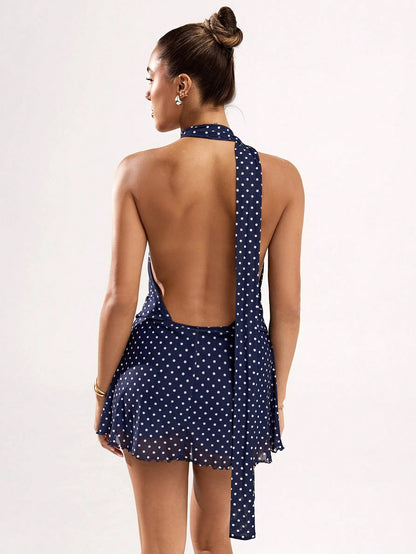 BAE Women's Vacational Polka Dot Printed Fashion Halter Mini Dress,Rave Outfits Festival,Summer Dresses For Women,White Dresses For Women,Polka Dot Dress