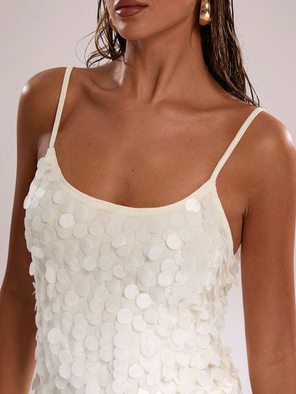 BAE Women's White Woven Sequin Party Cami Top With Spaghetti Straps And Bubble Hem