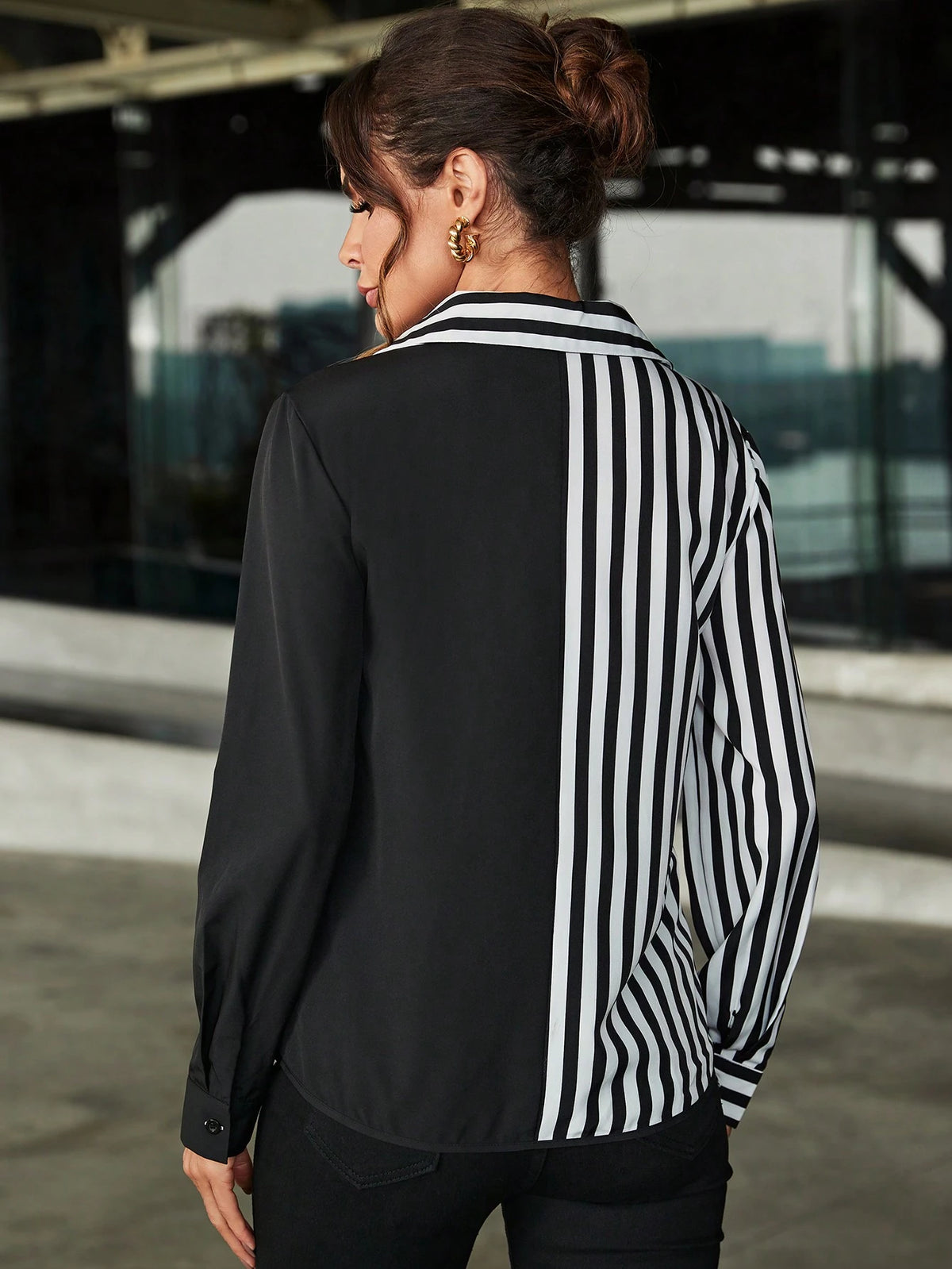 Balvessa Striped Patchwork Long Sleeve Shirt,Long Sleeve Tops Fall Cloth For Women