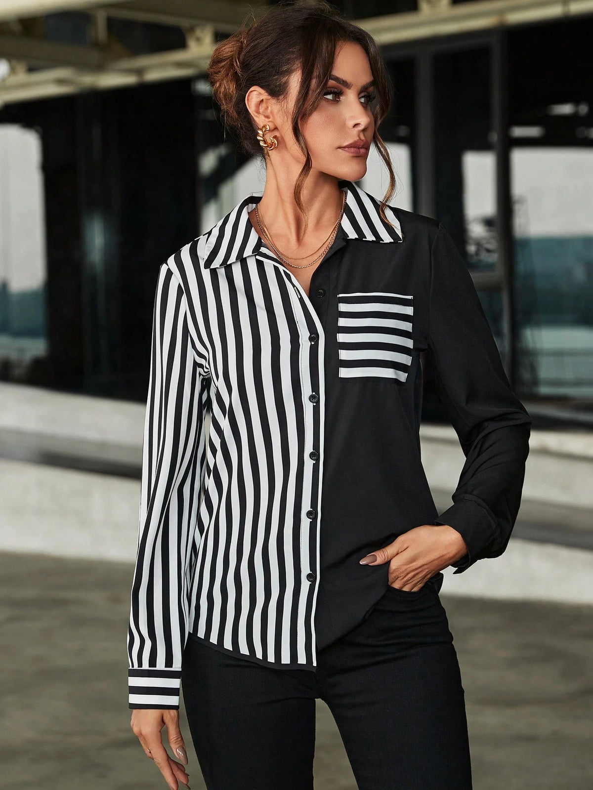 Balvessa Striped Patchwork Long Sleeve Shirt,Long Sleeve Tops Fall Cloth For Women