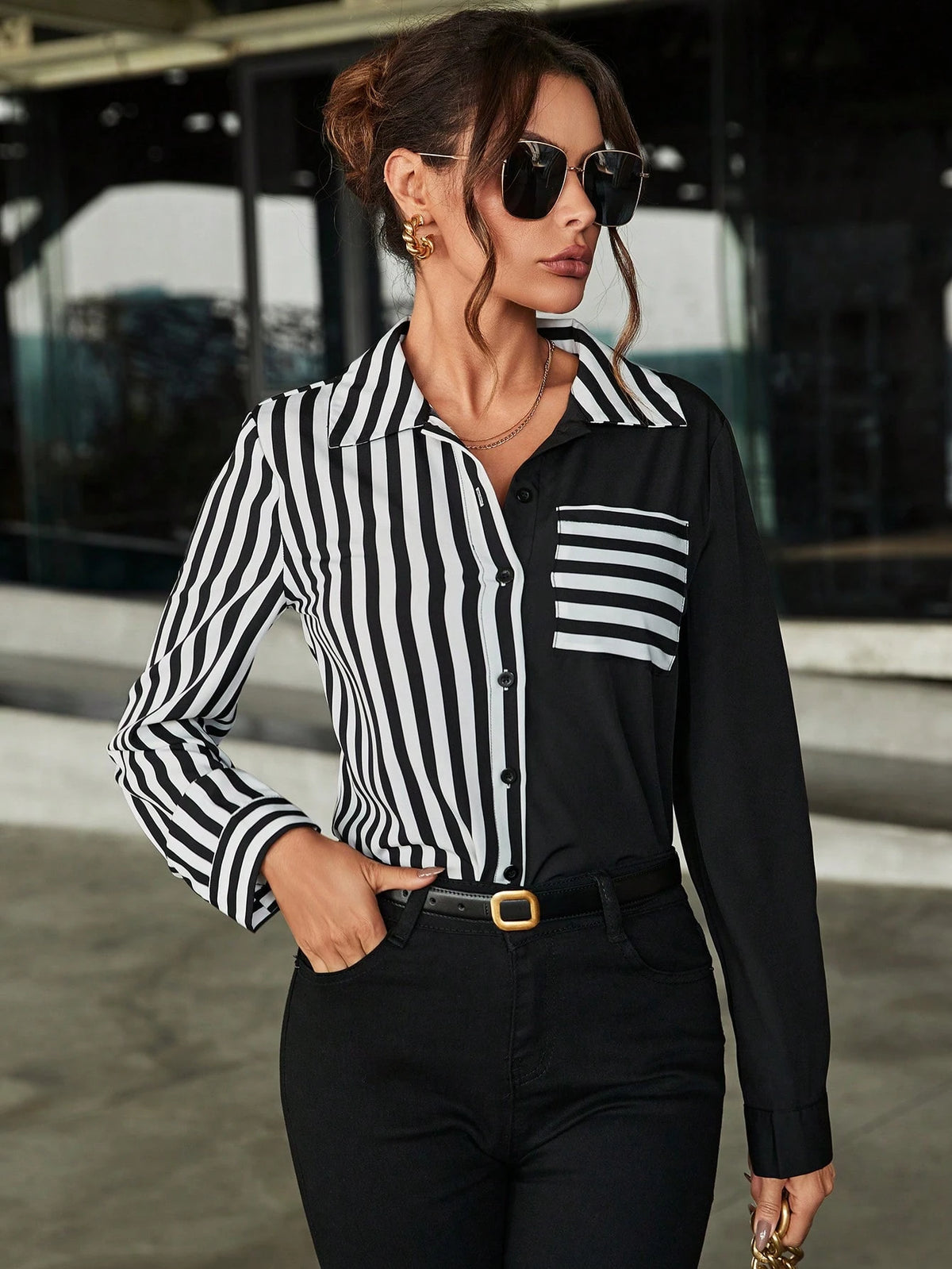 Balvessa Striped Patchwork Long Sleeve Shirt,Long Sleeve Tops Fall Cloth For Women