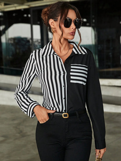 Balvessa Striped Patchwork Long Sleeve Shirt,Long Sleeve Tops Fall Cloth For Women