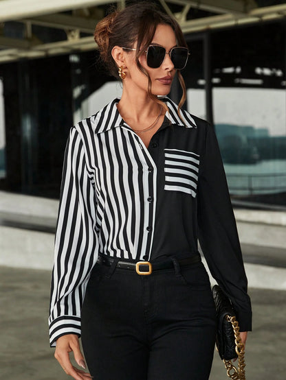 Balvessa Striped Patchwork Long Sleeve Shirt,Long Sleeve Tops Fall Cloth For Women