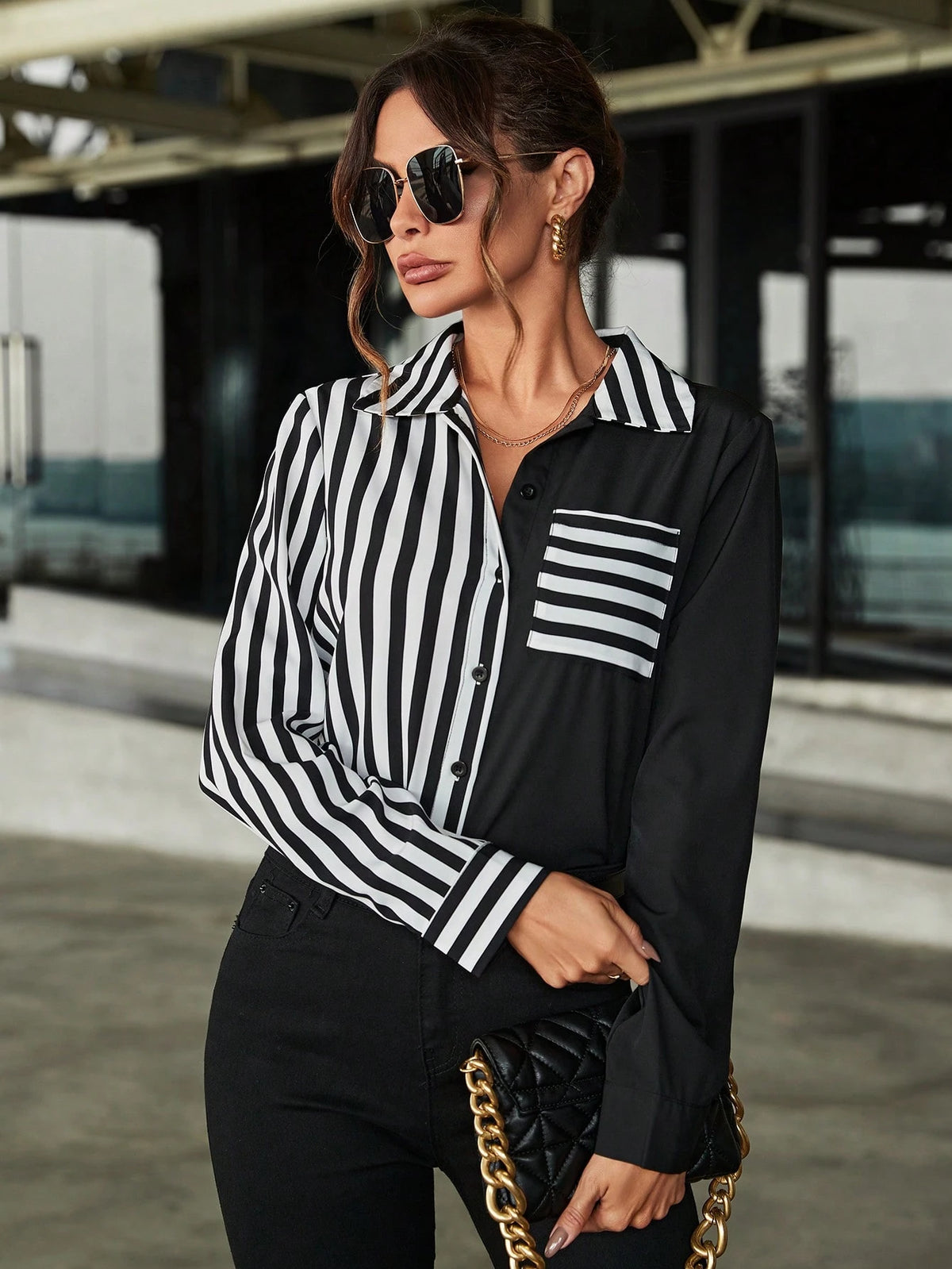Balvessa Striped Patchwork Long Sleeve Shirt,Long Sleeve Tops Fall Cloth For Women