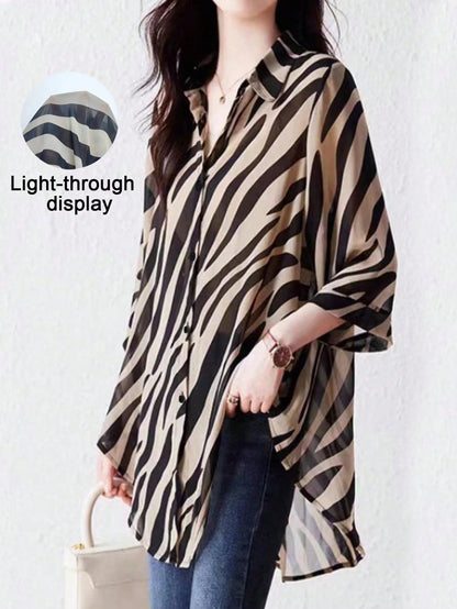 Balvessa Women's Elegant Beige Summer Everyday Blouses,Ladies Loose-Fit Minimalist Commuter Shirt,Casual Three Quarter Batwing Sleeve Collar Long Tops,Spring