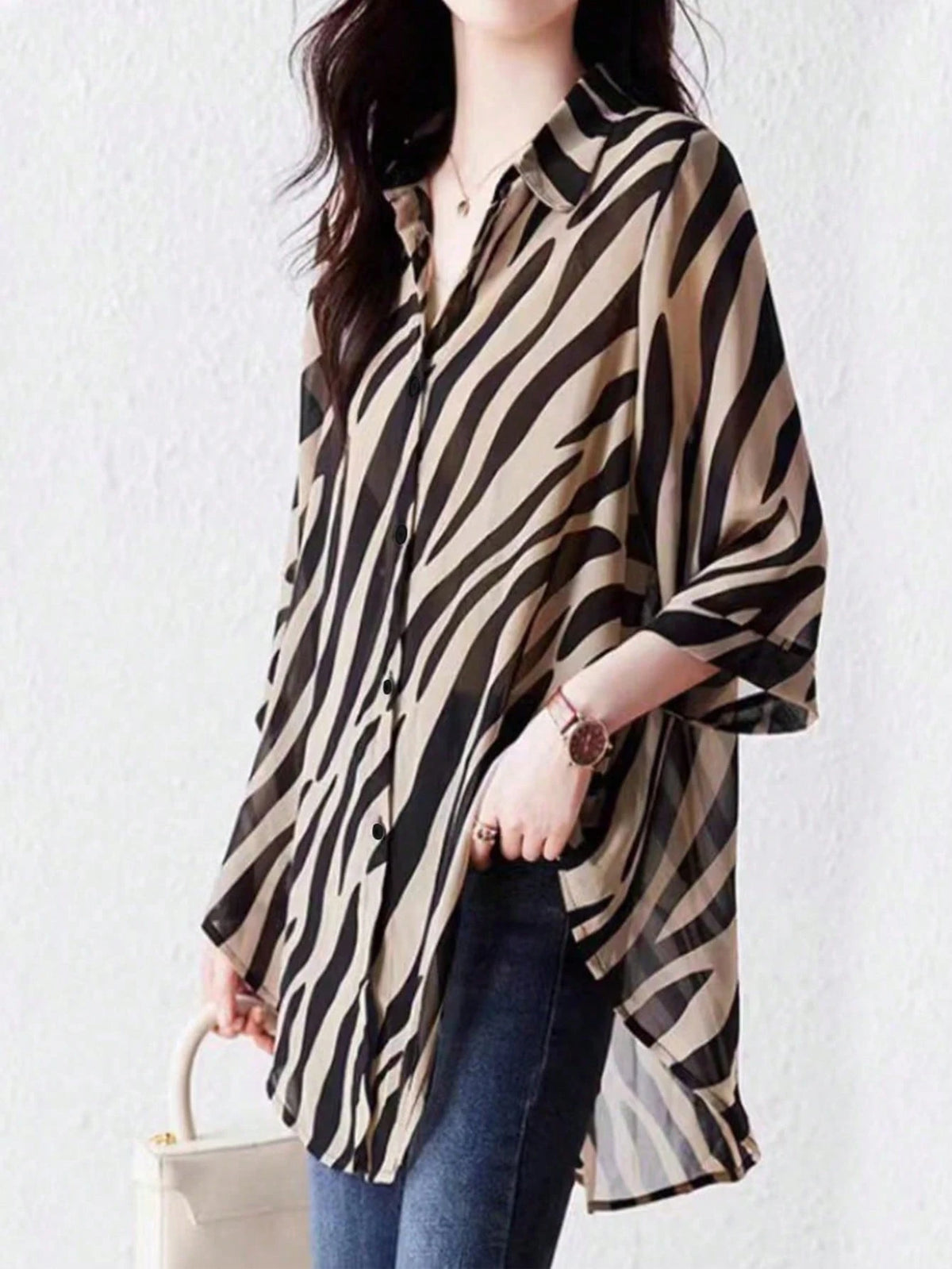 Balvessa Women's Elegant Beige Summer Everyday Blouses,Ladies Loose-Fit Minimalist Commuter Shirt,Casual Three Quarter Batwing Sleeve Collar Long Tops,Spring